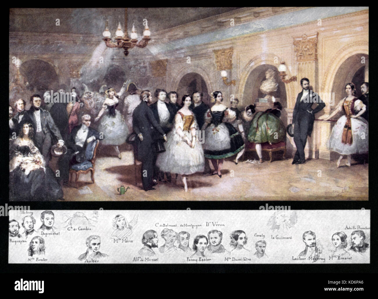 La sala da ballo presso l'Opera di Eugène Lamy. Tra gli ospiti sono Jacques François Halévy (estrema sinistra, dietro la donna seduta), Daniel François Auber (sinistra, seduto), Alfred de Musset (mano sinistra dietro la schiena, mano destra tenendo la sua top hat), Fanny Elssler (medio, indossare un abito bianco con oro corpetto), Adele Dumilatre (accanto alla Elssler). Foto Stock