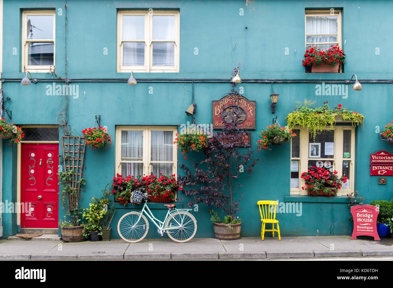 Bicicletta appoggiata al muro di un grazioso B & B con fiori, sedia, finestre e piante a Skibbereen, West Cork, Irlanda. Foto Stock