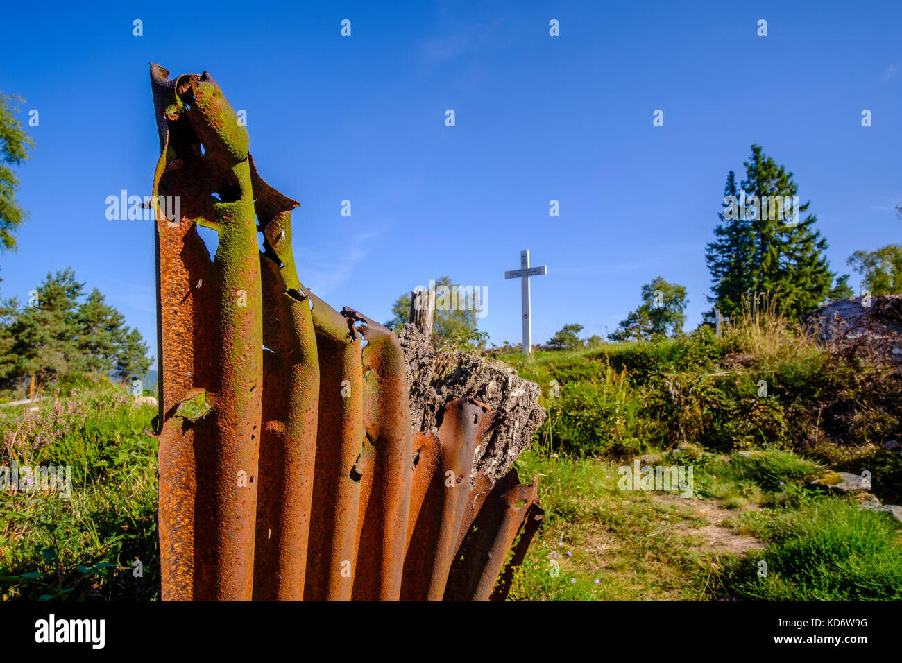 Trenchs e le strutture del primo campo di battaglia della guerra mondiale Lingnerkopf, ora convertito in Musée mémorial du Linge Foto Stock