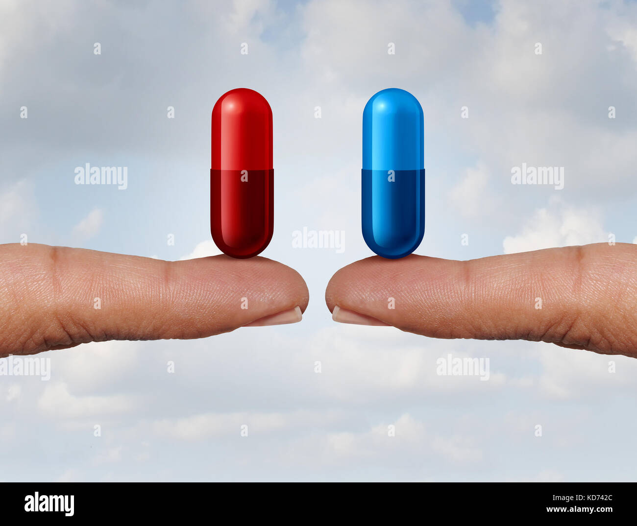 Red e Blue Pill scelta come dita di contenimento di capsule medicinali come un simbolo di scegliere tra verità e illusione o conoscenza o ignoranza. Foto Stock