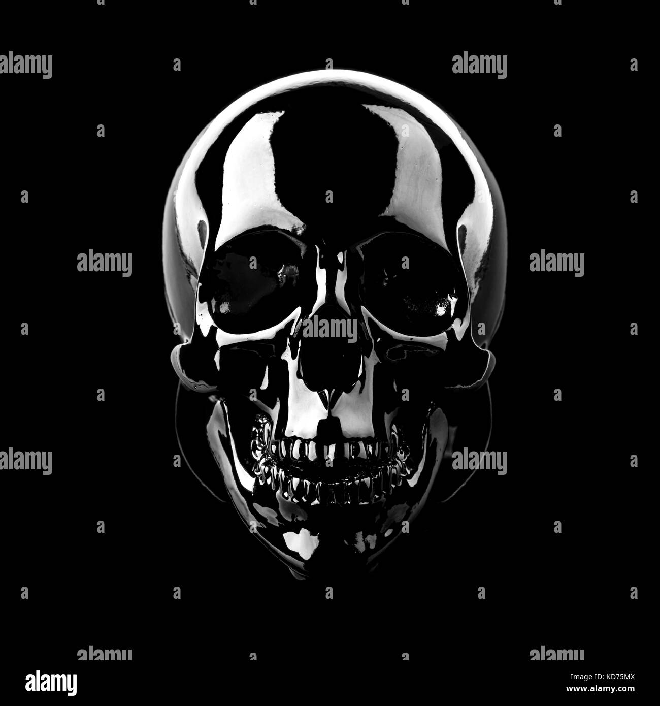 Cranio nero su sfondo nero Foto Stock