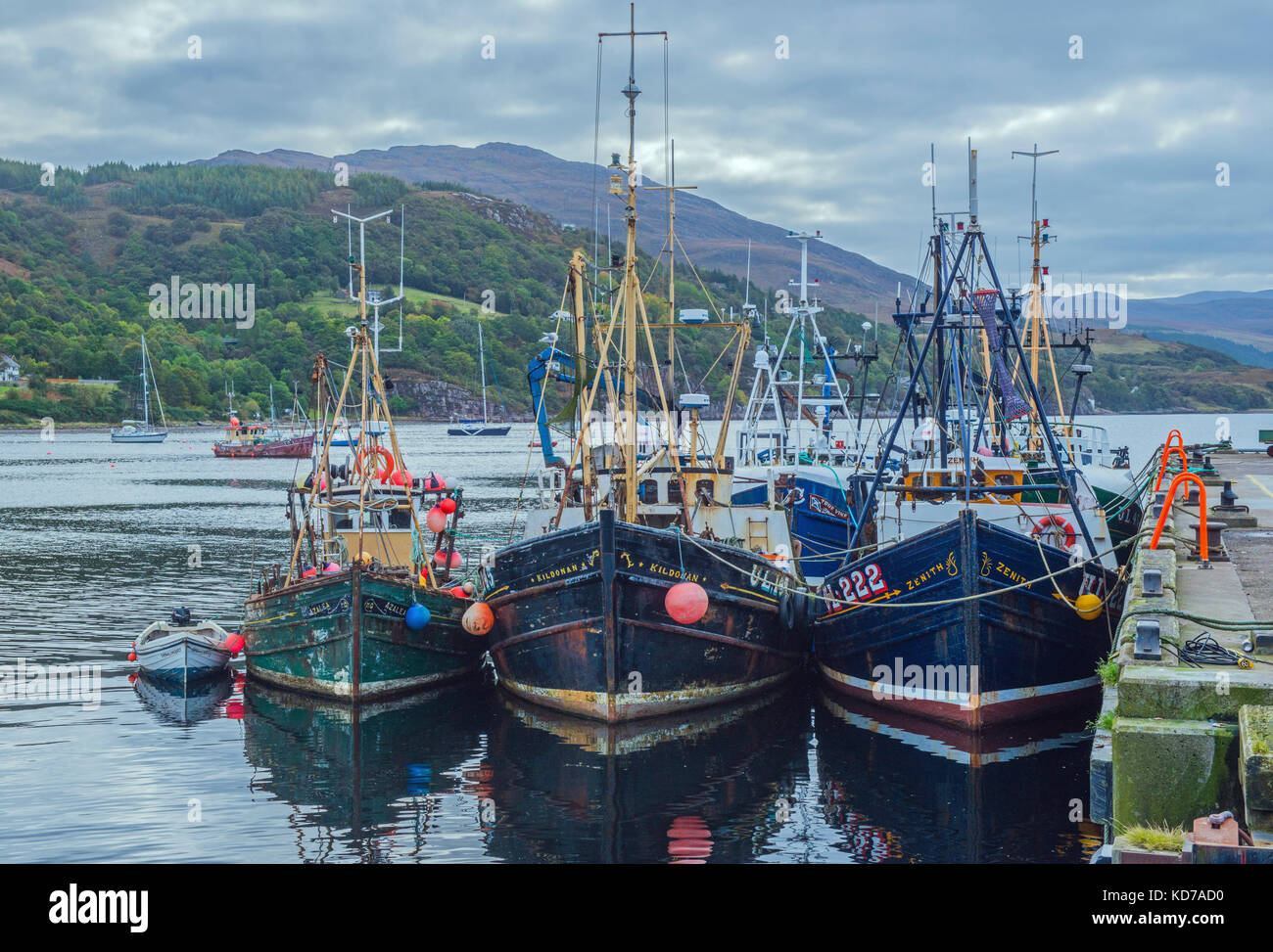 Attività di pesca i pescherecci con reti da traino a Ullapool Harbour a nord-ovest della Scozia Foto Stock