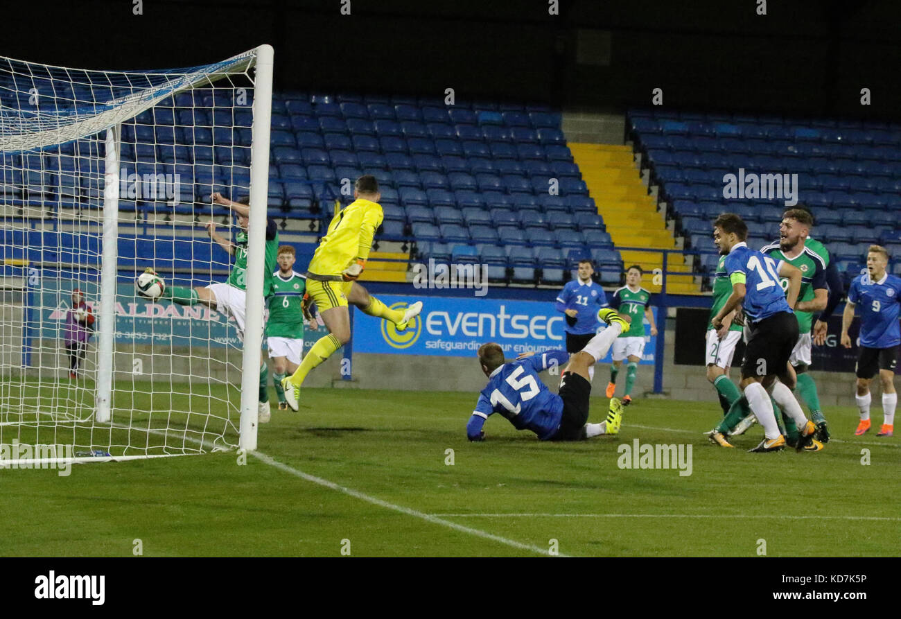 Lurgan, Irlanda del Nord, Regno Unito. 10 ottobre, 2017. 2019 UEFA Under 21 Qualificatore del campionato - Gruppo 2 - Irlanda del Nord 4 Estonia 2. Rauno Sappinen (10) mette in Estonia in un 2-1 piombo. Credito: David Hunter/Alamy Live News Foto Stock