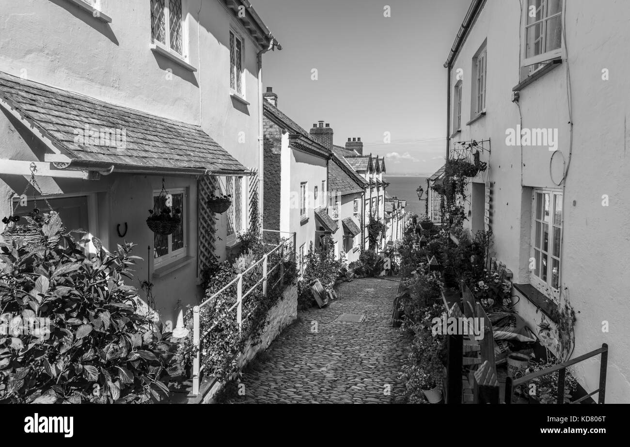 Clovelly, un piccolo villaggio del patrimonio culturale in North Devon, una attrazione turistica famosa per le sue ripide area pedonale acciottolata strada principale, asini e vista mare Foto Stock