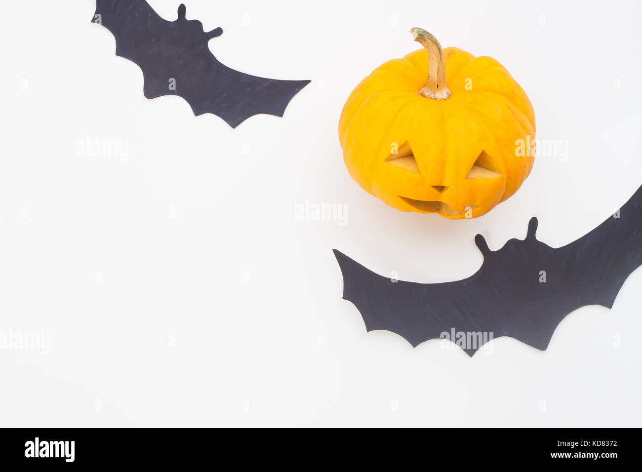 Vista aerea del concetto di halloween con zucca e pipistrelli su sfondo bianco Foto Stock
