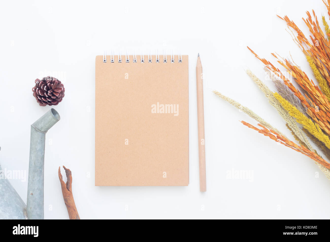 Creative laici piana del notebook in bianco e matita su sfondo bianco, lo stile di vita di autunno Foto Stock