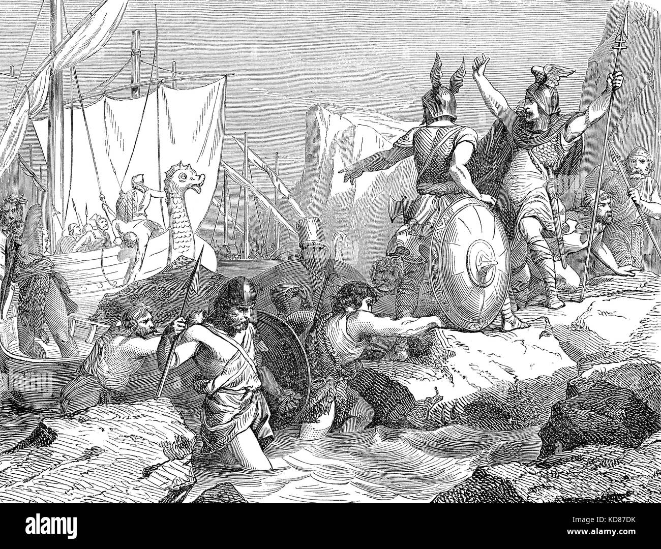 Sbarco vichinghi nella Francia del IX secolo, invasione con viking longships Foto Stock