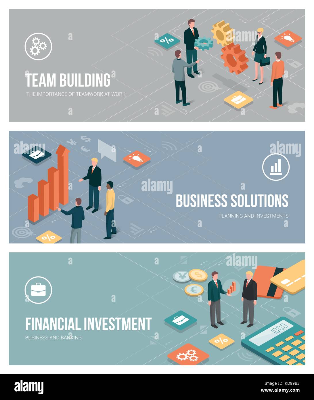 La gente di affari, il lavoro di squadra, della pianificazione e degli investimenti finanziari banner con set di caratteri isometrica e pulsanti di app Illustrazione Vettoriale