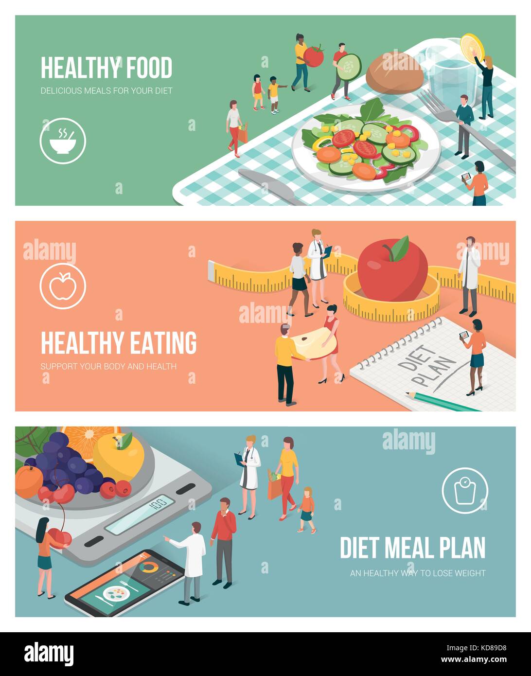 Nutrizione dieta e stile di vita sano banners set: persone preparare il cibo e la pianificazione di una dieta sana Illustrazione Vettoriale