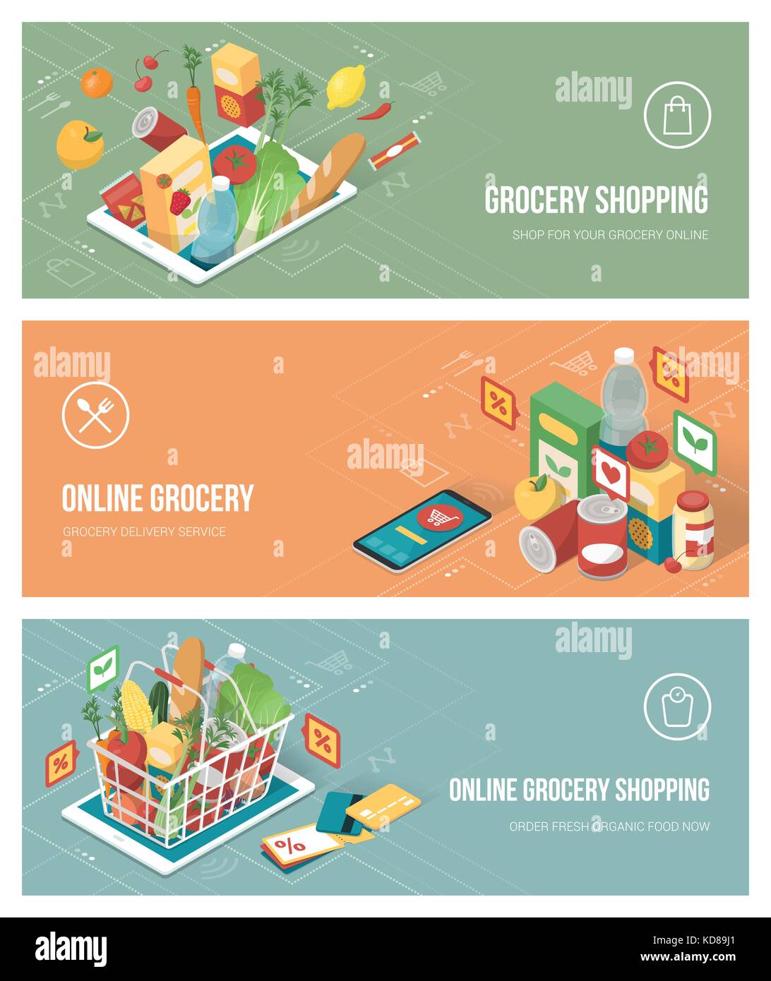 Fare la spesa online utilizzando le app su uno smartphone e tablet; mangiare sano, retail e il concetto di tecnologia Illustrazione Vettoriale