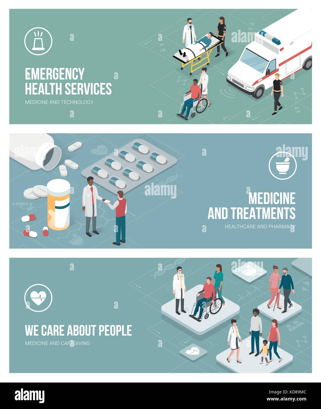 Sanità, servizio di emergenza, medicina e caregiving banner insieme con persone isometrica Illustrazione Vettoriale