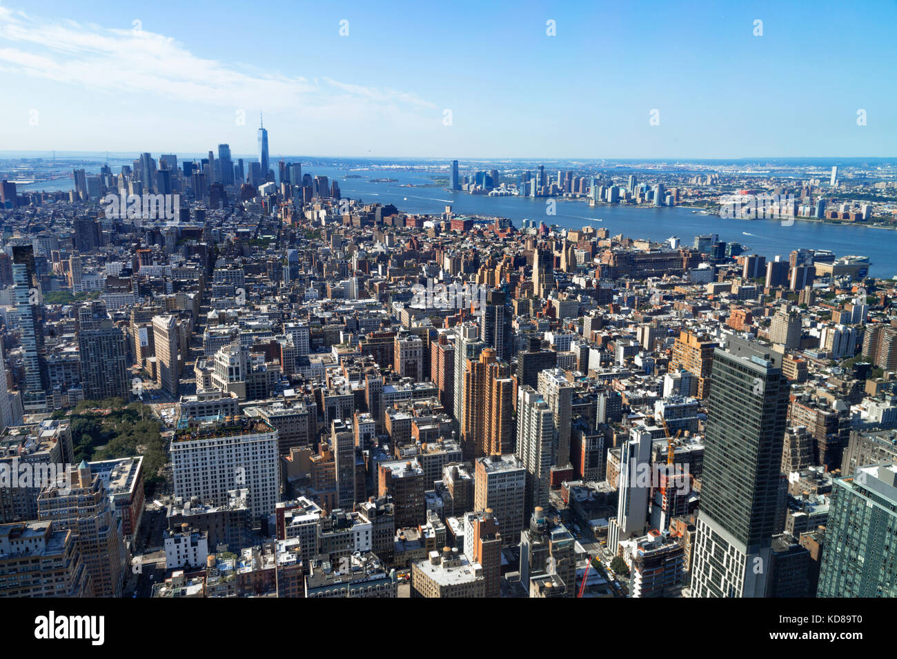 Vista aerea di Manhattan e del fiume Hudson, New York, Stati Uniti Foto Stock