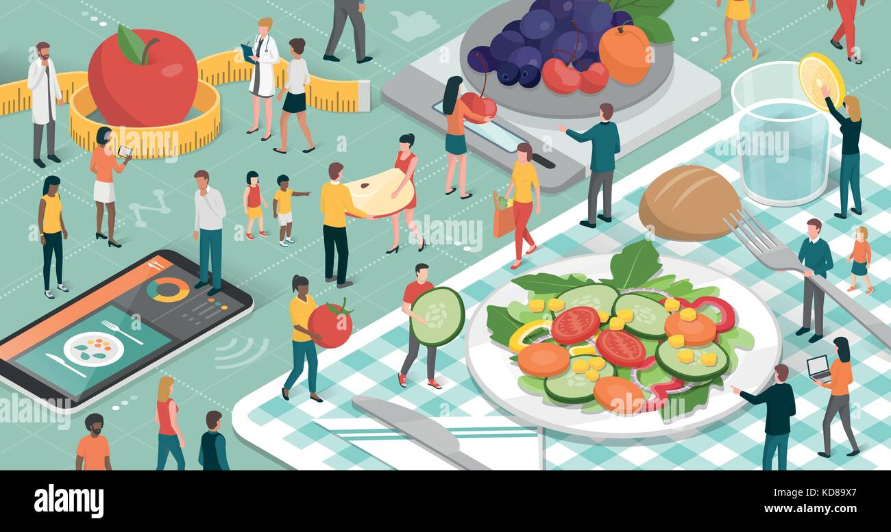 Cibo sano, la dieta e la nutrizione concetto: le persone che si preparano insieme e sano pasto vegano, nutrizionisti e cibo app Illustrazione Vettoriale