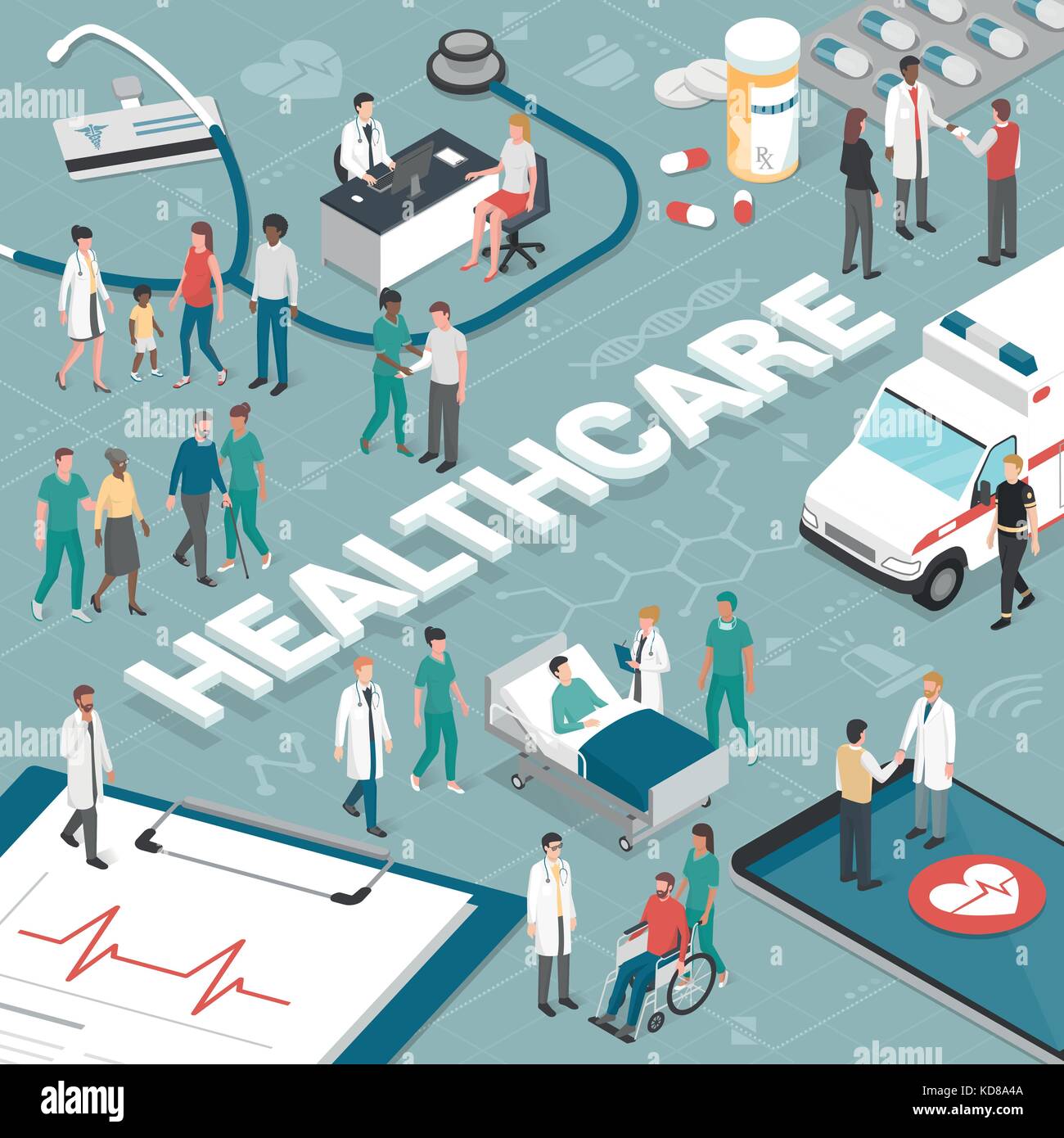 I medici e gli infermieri la cura dei pazienti e collegando insieme online: assistenza sanitaria e il concetto di tecnologia Illustrazione Vettoriale