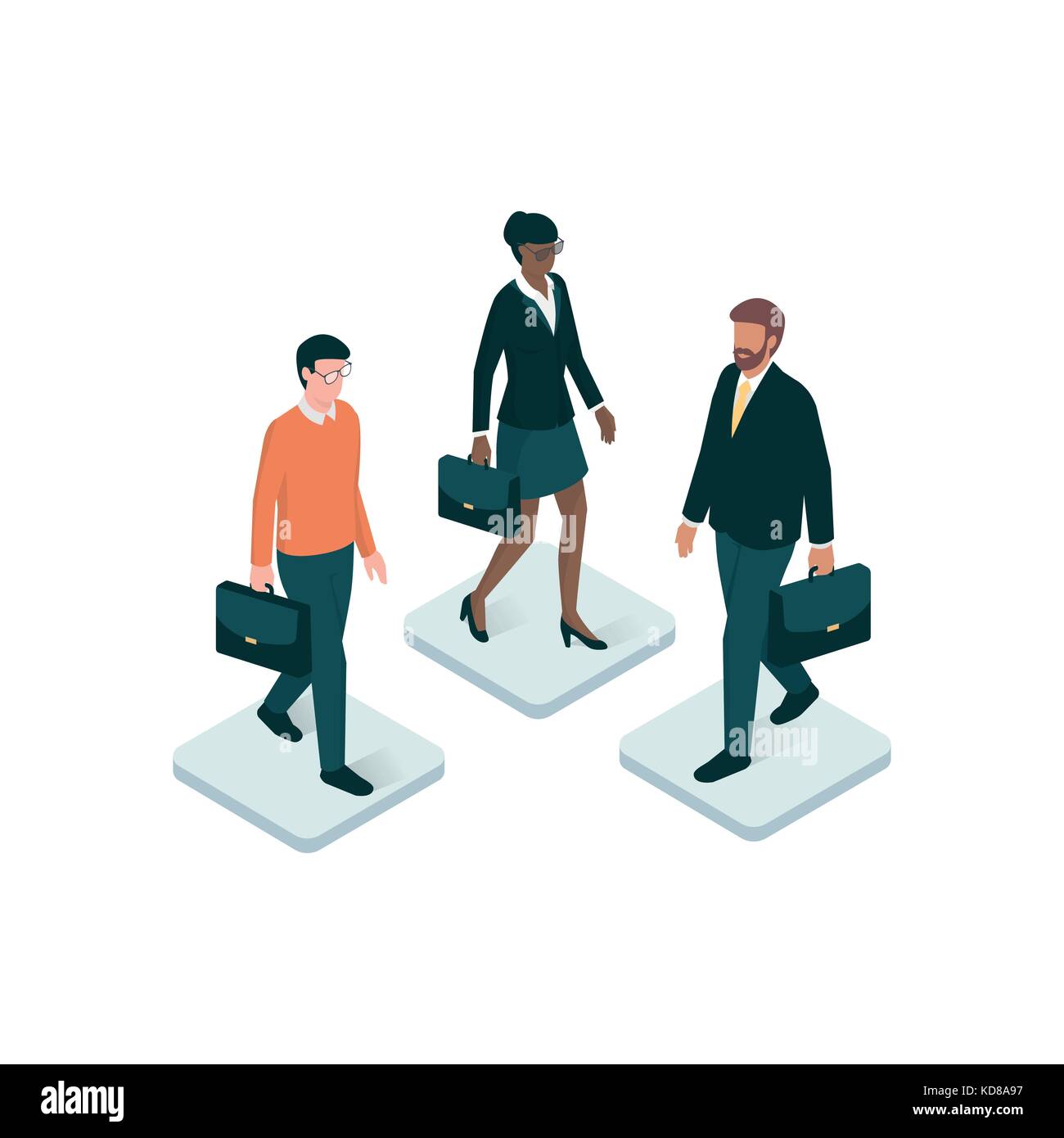 Il business aziendale le persone in possesso di una valigetta ventiquattrore su un tasto app: risorse umane, business e tecnologia concept Illustrazione Vettoriale