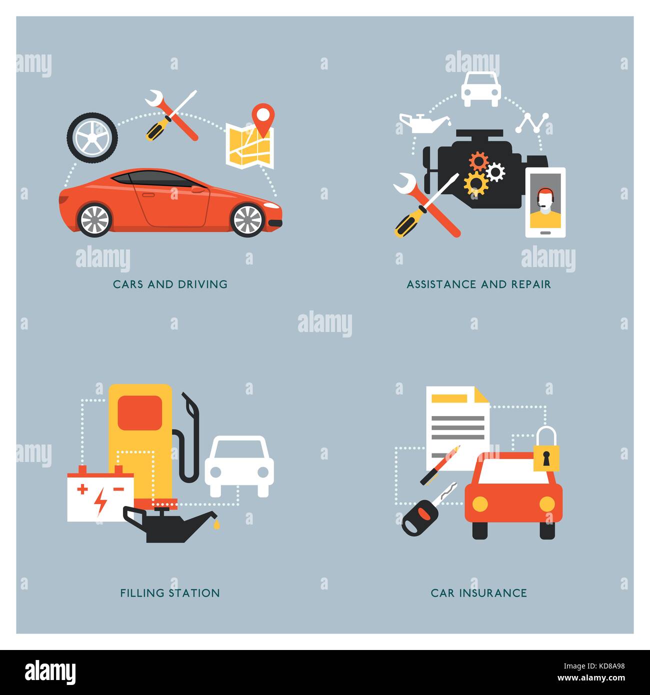 Manutenzione dell'auto, assicurazione, la riparazione e la manutenzione di concetti con le icone Illustrazione Vettoriale