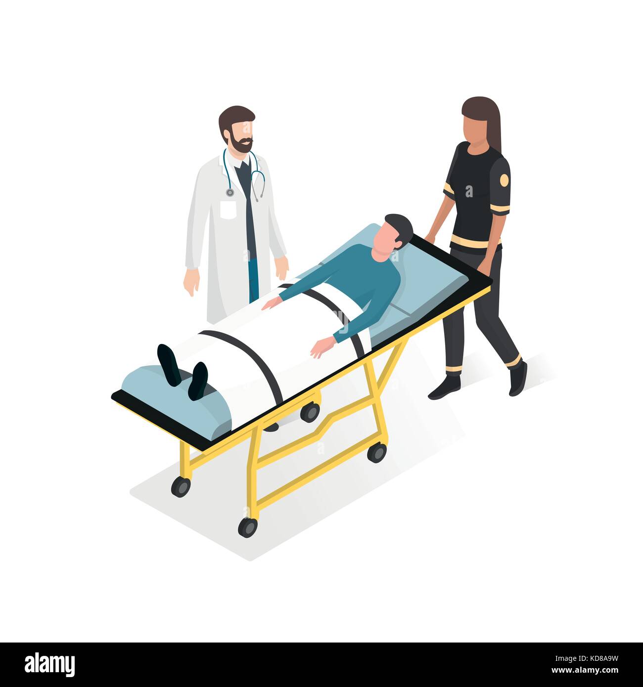Primo soccorso in ospedale: medico e paramedico di prendersi cura del paziente durante una situazione di emergenza Illustrazione Vettoriale