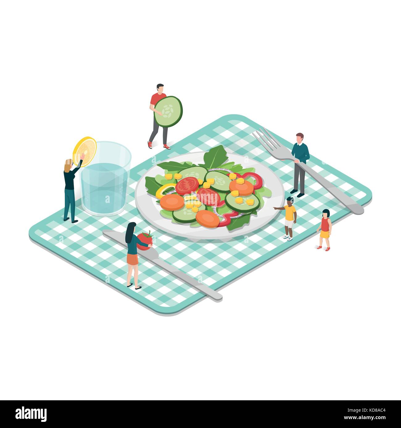 Le persone che si preparano un pasto sano insieme, nutrizione e dietetica concept Illustrazione Vettoriale