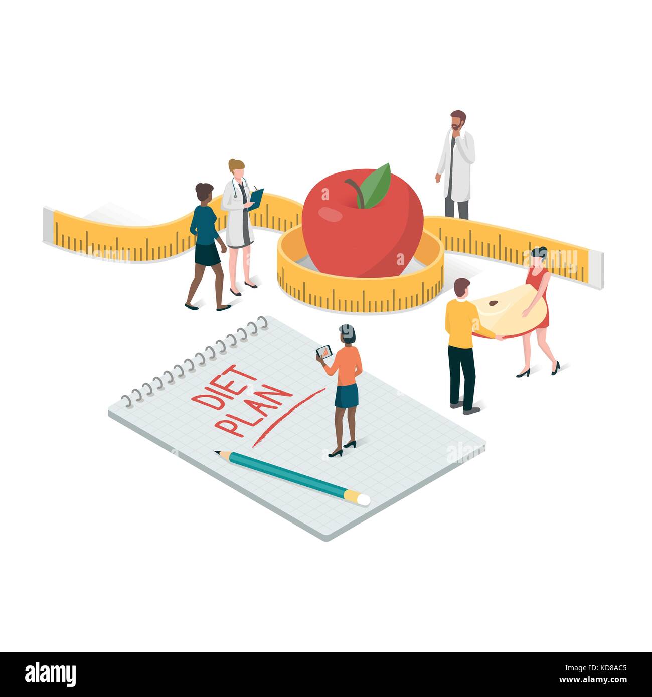 Nutrizionisti team pianificazione di una dieta personalizzata piano, sono la misurazione di un apple e scrivere appunti su un blocco note, nutrizione e dietetica concept Illustrazione Vettoriale