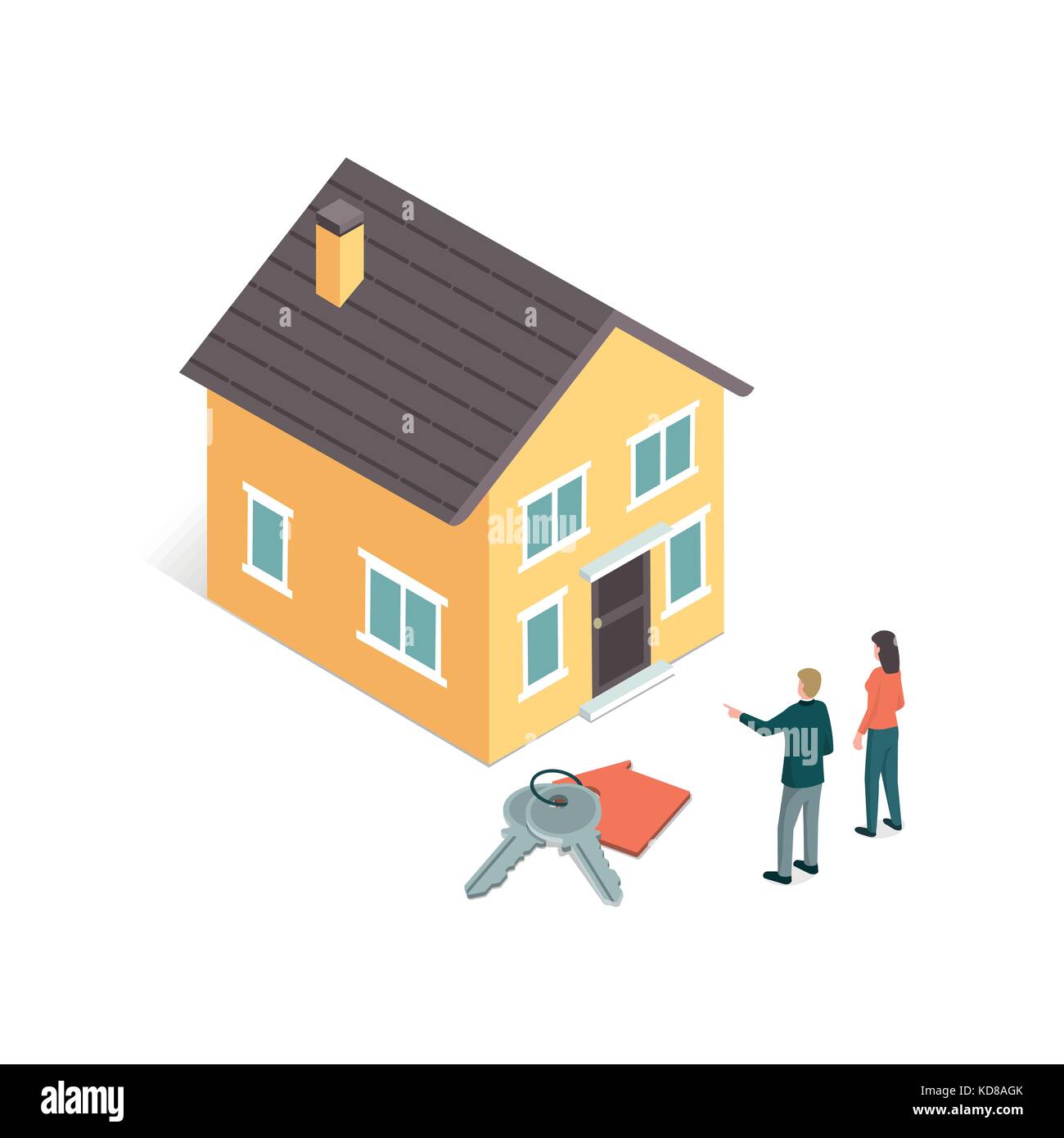 Agente immobiliare che vende una casa da sogno per un cliente femmina, le chiavi di casa in primo piano Illustrazione Vettoriale