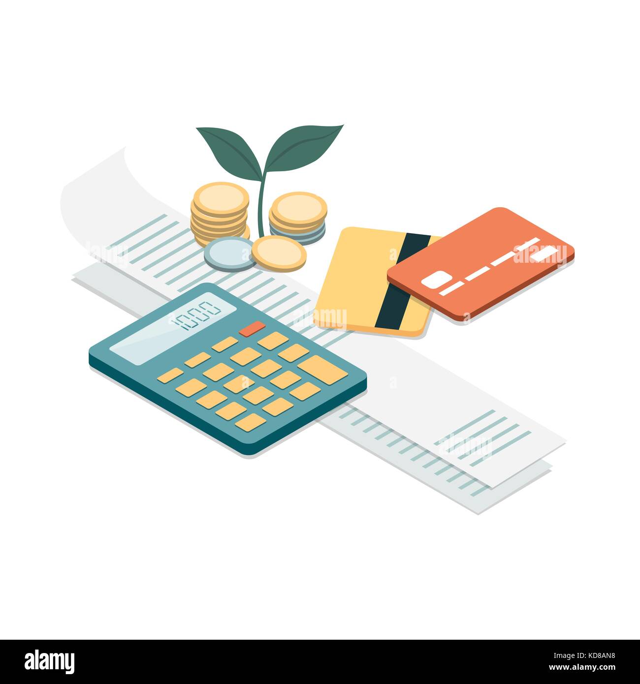 Fatture, carte di credito e calcolatrice: personal home Finanza, imposte e concetto di pagamenti Illustrazione Vettoriale