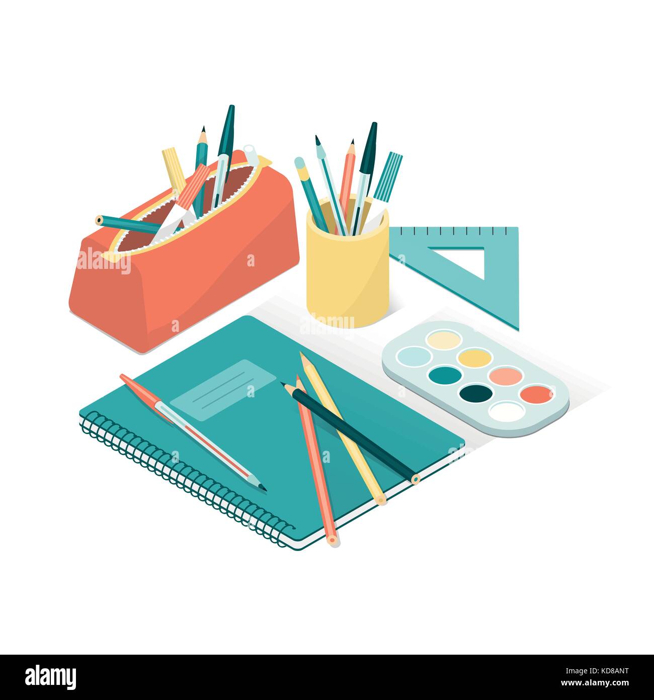 Forniture scolastiche e notebook, torna a scuola e il concetto di creatività Illustrazione Vettoriale