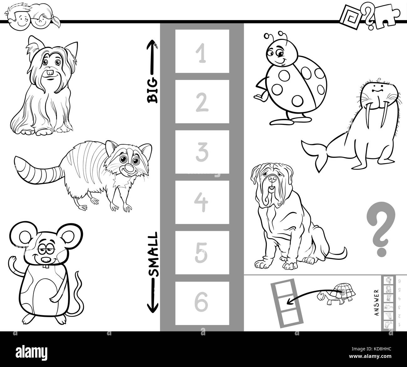 Bianco e nero cartoon illustrazione del gioco educativo di trovare il più grande e il più piccolo della specie animale caratteri libro da colorare Illustrazione Vettoriale