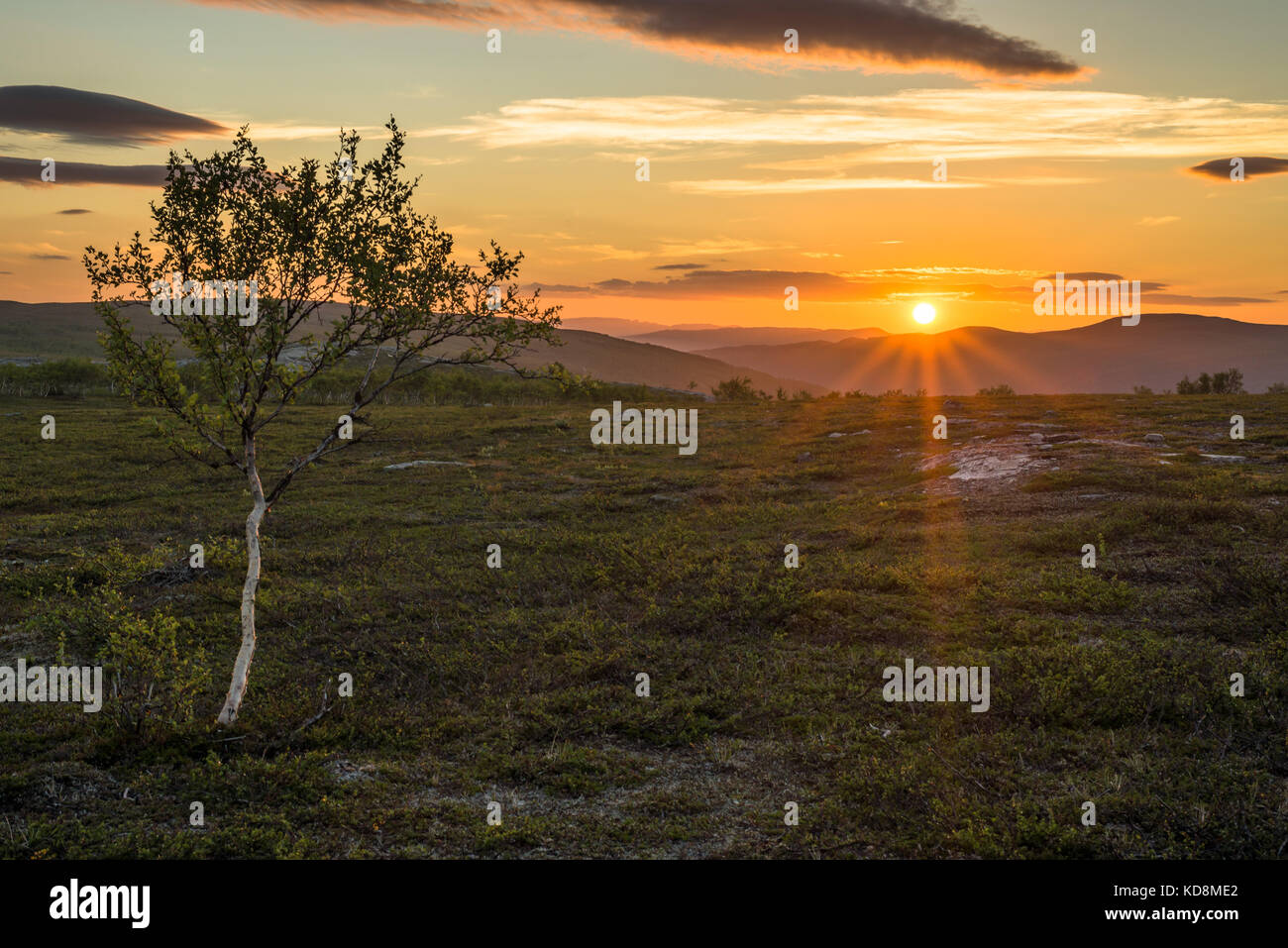 Il sole di mezzanotte in alta montagna Finnmarksvidda superiore in Finnmark Norvegia Foto Stock