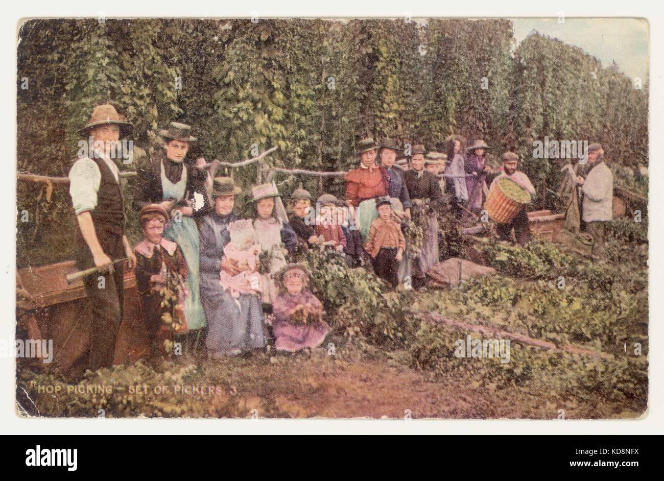 Cartolina edoardiana colorata di raccoglitori di luppolo - intitolata 'set di raccoglitori', 1907, Regno Unito Foto Stock