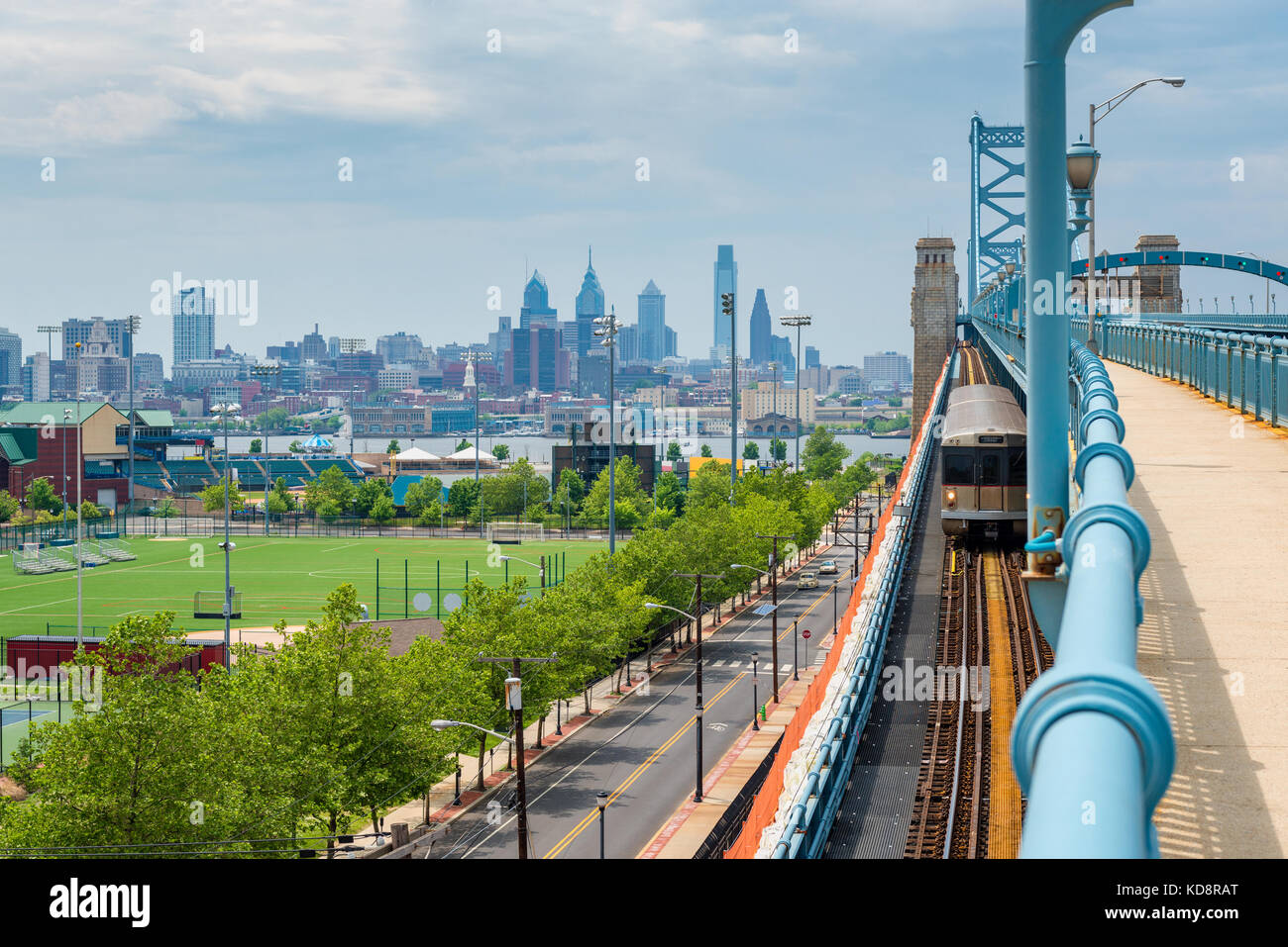 Skyline di Philadelphia, Pennsylvania, USA visto da Camden, New Jersey, con il fiume Delaware e il ponte Benjamin Franklin Foto Stock