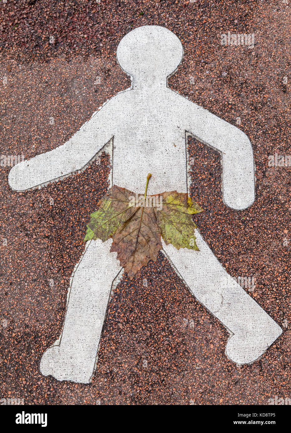 Piktogramm nackter Mann mit Eisenwalten, Feigenblatt Foto Stock