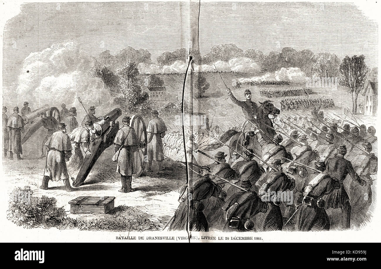 Illustrazione 1862 incisione della battaglia di Dranesville, Virginia, 20-12-1861 Foto Stock