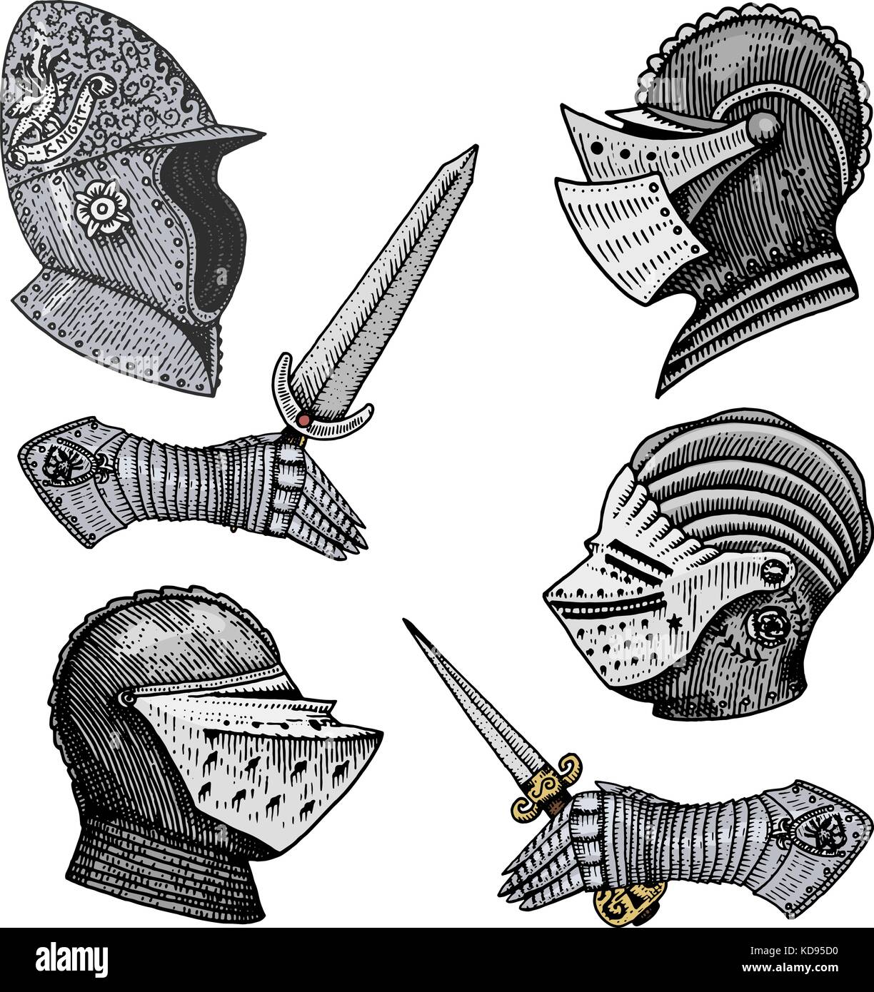 Set di simboli medioevali battaglia caschi per cavalieri o re, vintage, inciso disegnati a mano nel disegno o taglio di legno stile, vecchio cercando retrò romano. Illustrazione Vettoriale