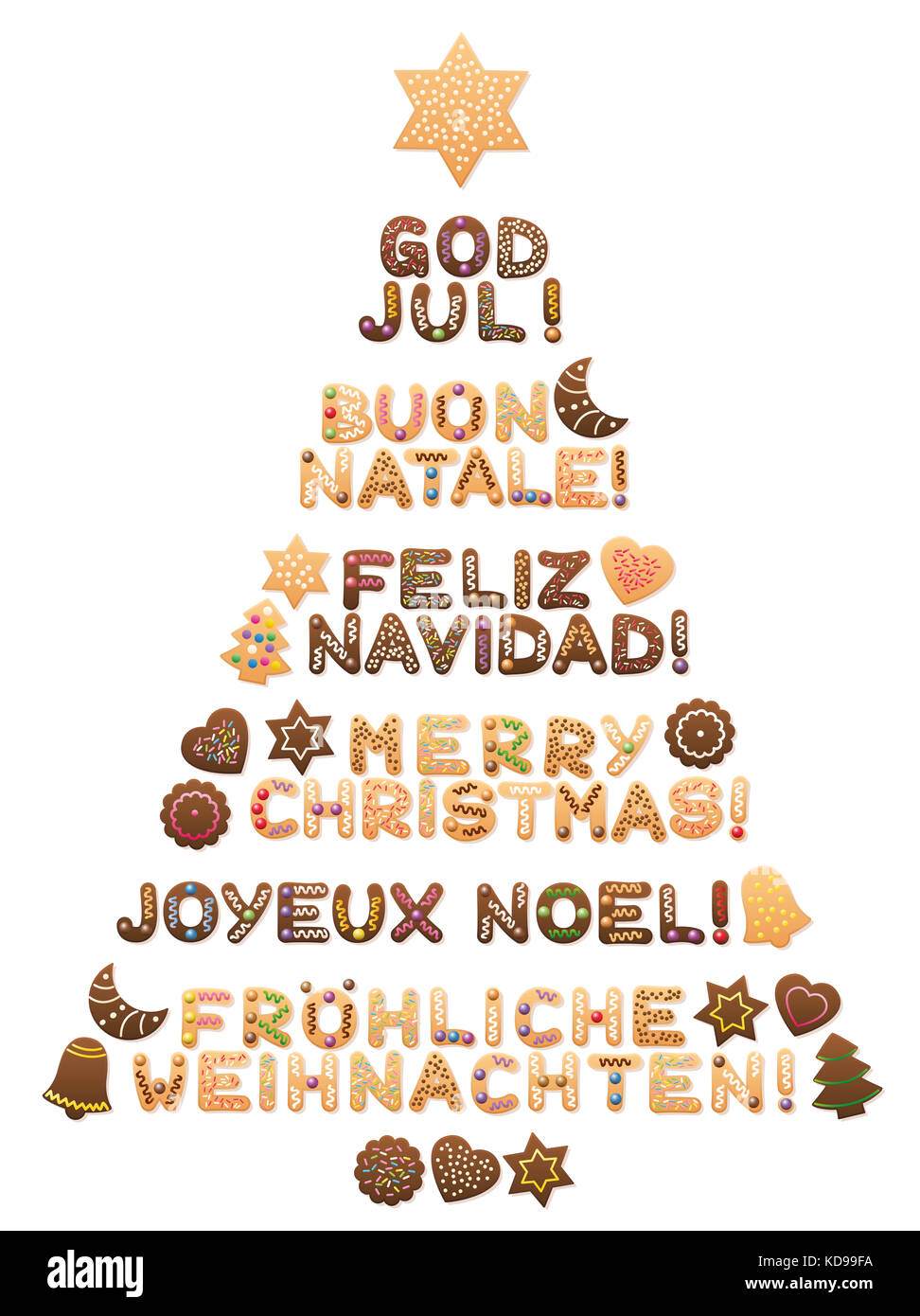 BUON NATALE - scritto in svedese, italiano, spagnolo, inglese, francese e tedesco con biscotti che formano un albero di natale dolce. Foto Stock