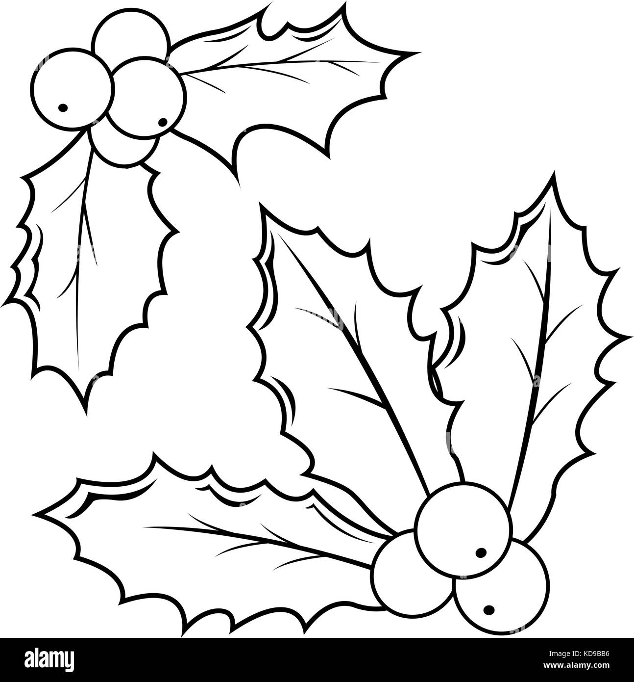 Rametto di bacche Holly. Decorazioni natalizie. Foglie verdi di agrifoglio e ornamenti di bacche rosse. Pagina di colorazione vettoriale in bianco e nero. Illustrazione Vettoriale