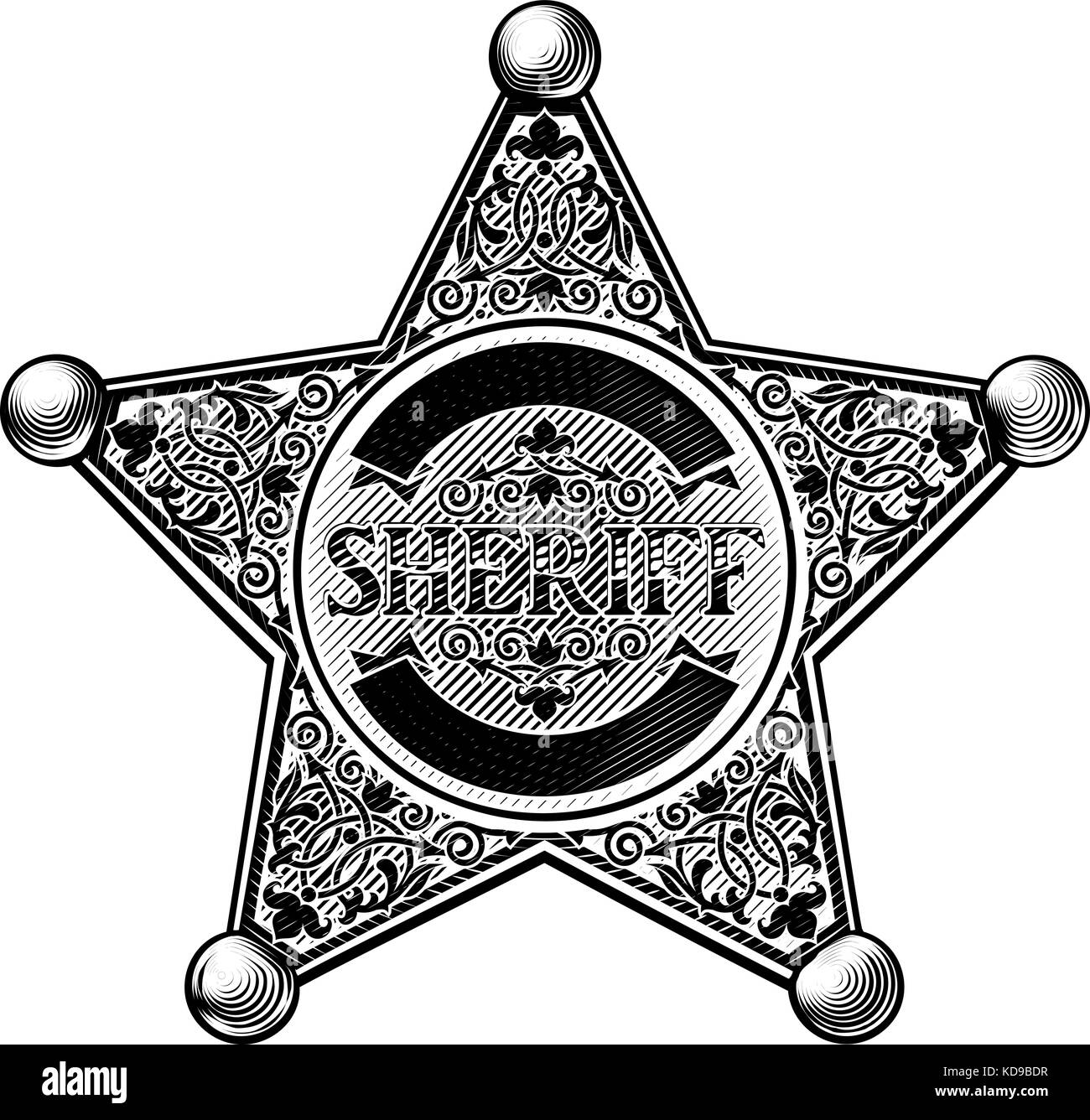 Sheriff Star Badge con stile inciso Illustrazione Vettoriale