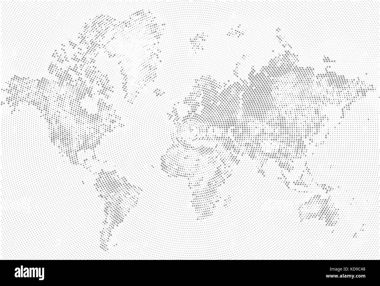 Abstract mappa tratteggiata in bianco e nero di mezzitoni effetto grunge illustrazione. mappa mondiale Silhouette. Forme continentale di puntini. monocromatico circolare radiale Illustrazione Vettoriale