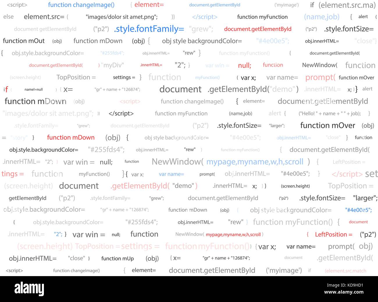Software di progettazione web sfondo bianco. site developer javascript codice di programmazione abstract computer script della pagina web. casuali di parti di codice di programma Illustrazione Vettoriale