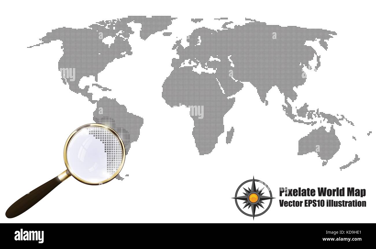 Abstract mappa pixel in bianco e nero di mezzitoni effetto grunge illustrazione vettoriale. mappa mondiale Silhouette. Forme continentale di pixel quadrati Illustrazione Vettoriale