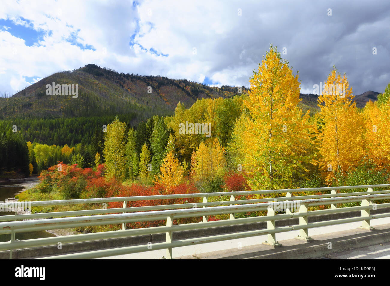 Una montagna, rientrano la foresta e il fiume da un ponte metallico nel Glacier National Park. Foto Stock