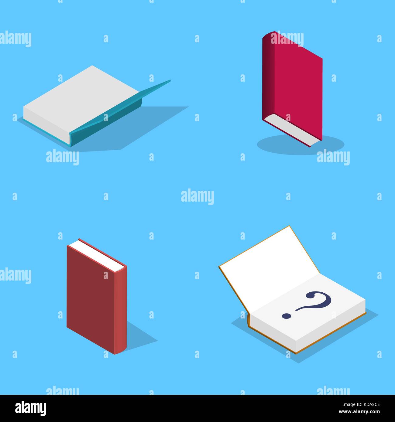 Set di icone, raccolta di vari libri isolati su sfondo blu. Design degli elementi dei materiali stampati. Stile isometrico 3d piatto, illustrazione vettoriale Illustrazione Vettoriale