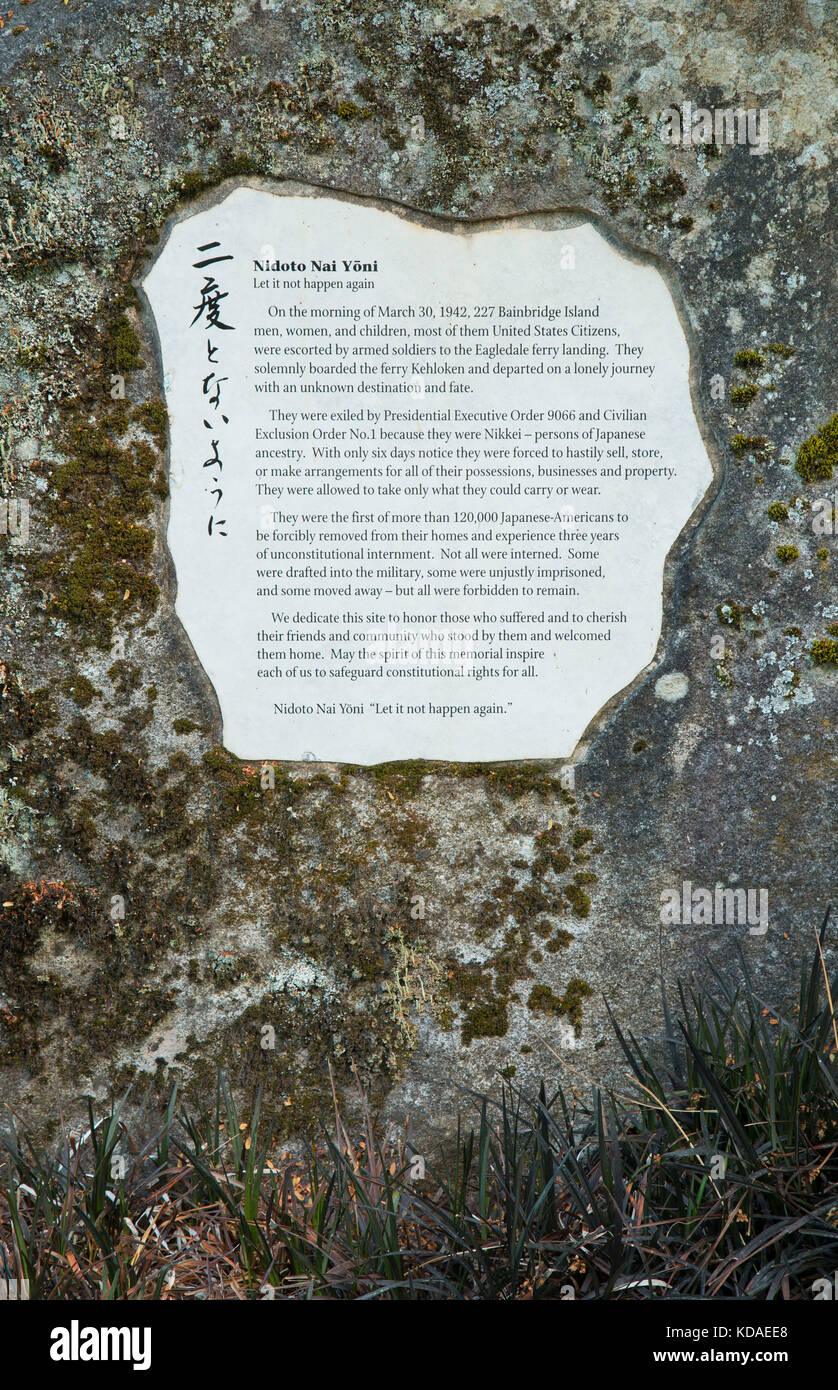 Pannello ingresso, Bainbridge Island americana giapponese esclusione Memorial, Minidoka monumento nazionale, Bainbridge Island, Washington Foto Stock