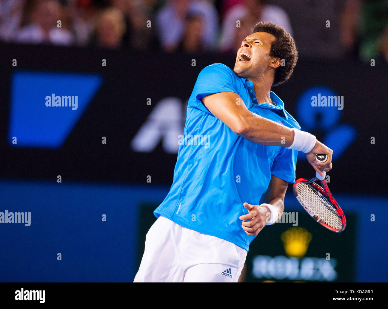 Jo-wilifried tsonga fronte r. federer (sui) il quarto round del 2014 Australian Open uomini singoli. fatturati come un rancore match tra rivali, federe Foto Stock