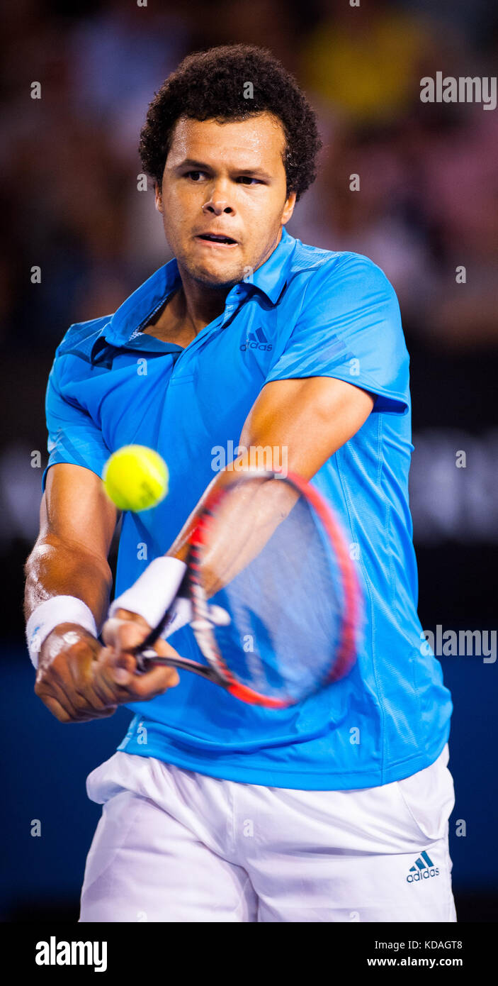 Jo-wilifried tsonga fronte r. federer (sui) il quarto round del 2014 Australian Open uomini singoli. fatturati come un rancore match tra rivali, federe Foto Stock