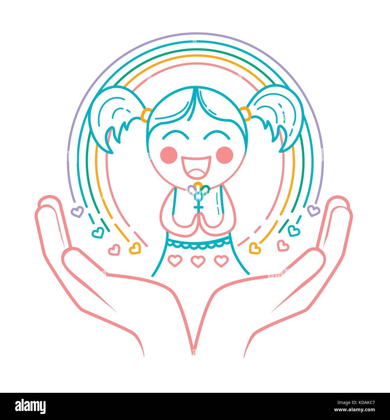 Concetto Di Dare La Nascita Di Una Bambina La Cura La Maternita Amore Proteggere Le Ragazze E Le Donne Nella Forma Di Una Bambina Con Un Arcobaleno E Le Mani Come Un