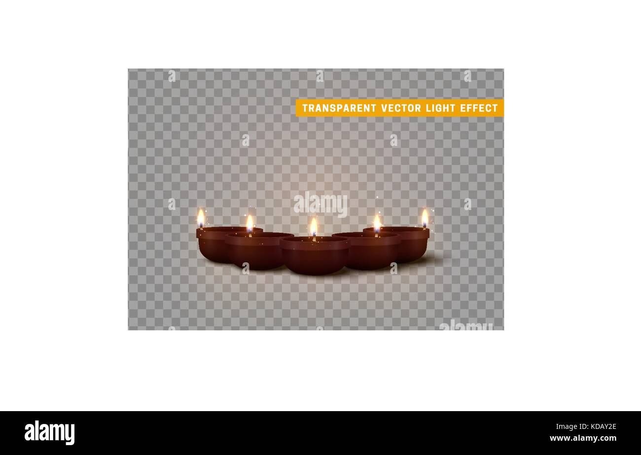 Impostare decorativo di candele accese isolato realistiche. Arredo per diwali celebrazione Illustrazione Vettoriale