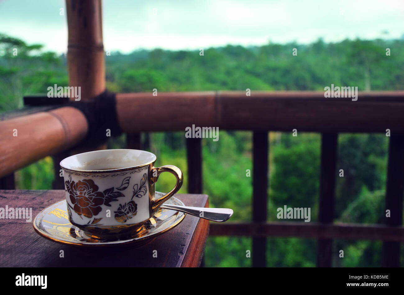 Tazza di caffè con la piantagione di caffè e la giungla in background, Ubud, Bali Foto Stock