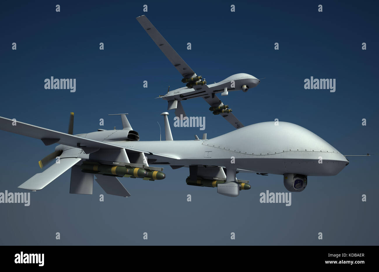Due mq-1c'aquila grigia drone militare con hellfire missili. 3D render. Foto Stock