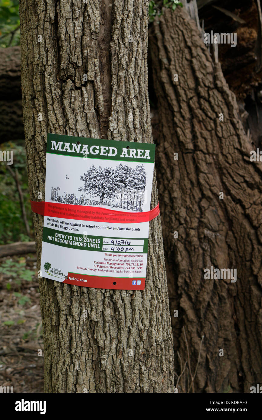 Applicazione di erbicida segno di avvertimento in Cook County Forest Preserve, Illinois. Erbicidi come glifosato sono comunemente utilizzati nel restauro di habitat. Foto Stock
