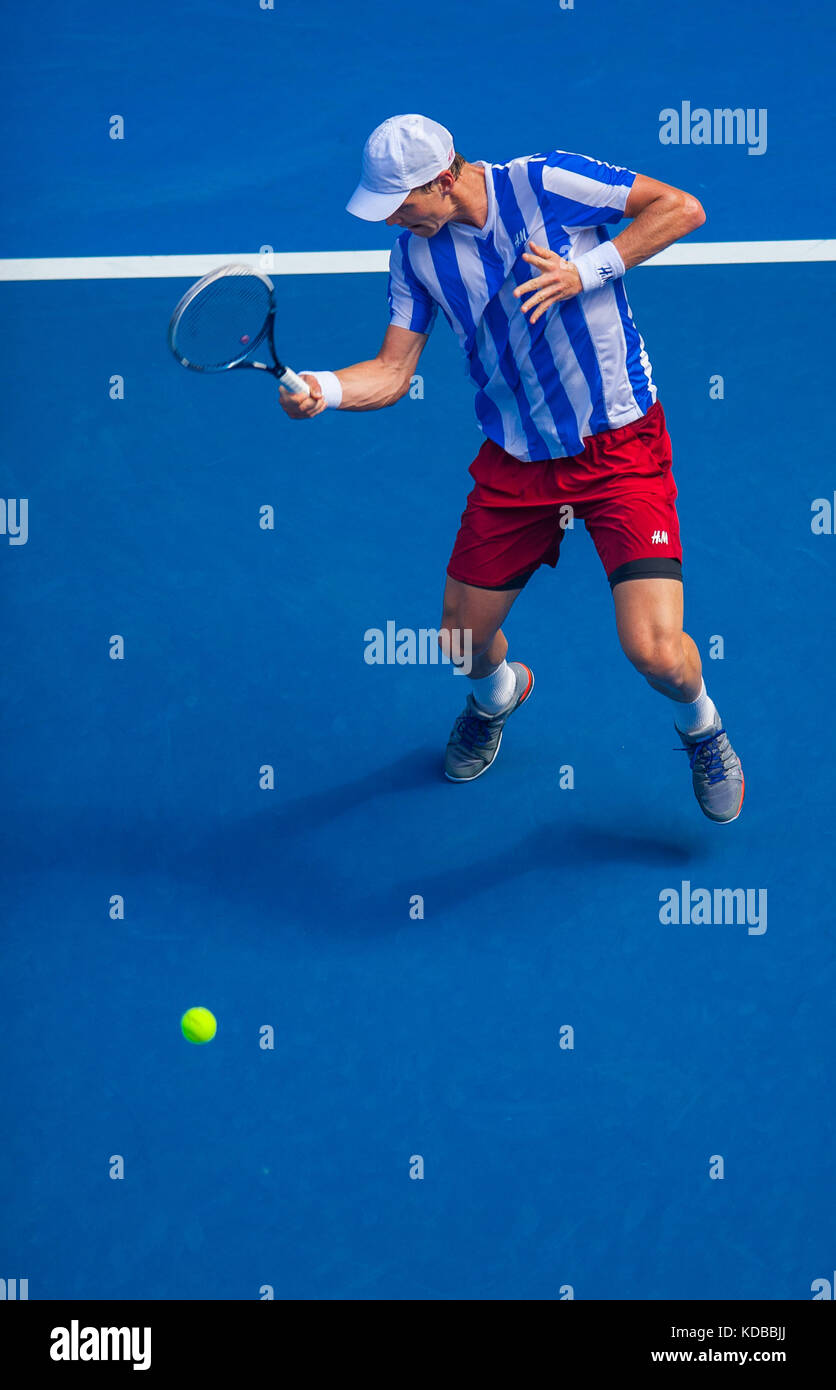 Tomas Berdych suona all'Australian Open 2014. Foto Stock
